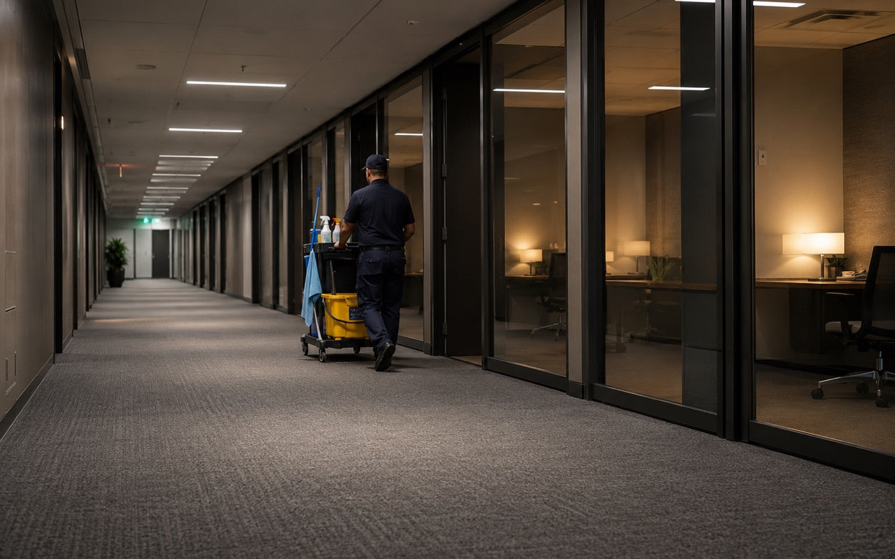 Janitorial contractor pushing a cleaning cart down a corporate office corridor at end of business