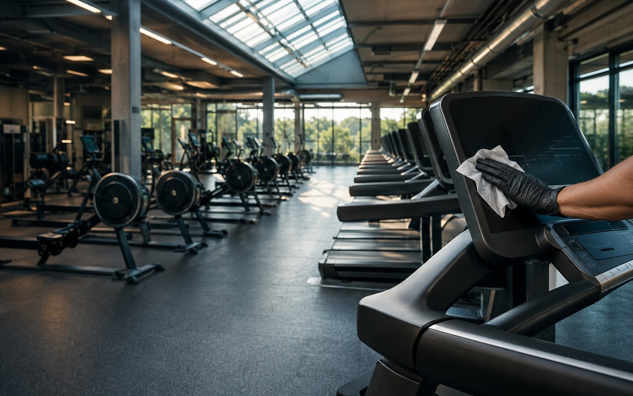 Commercial gym floor with treadmills and rowing machines, a gloved hand wiping a treadmill console