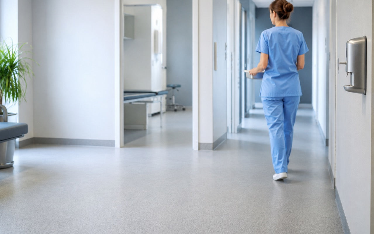 Medical clinic corridor with a nurse in blue scrubs walking away from camera