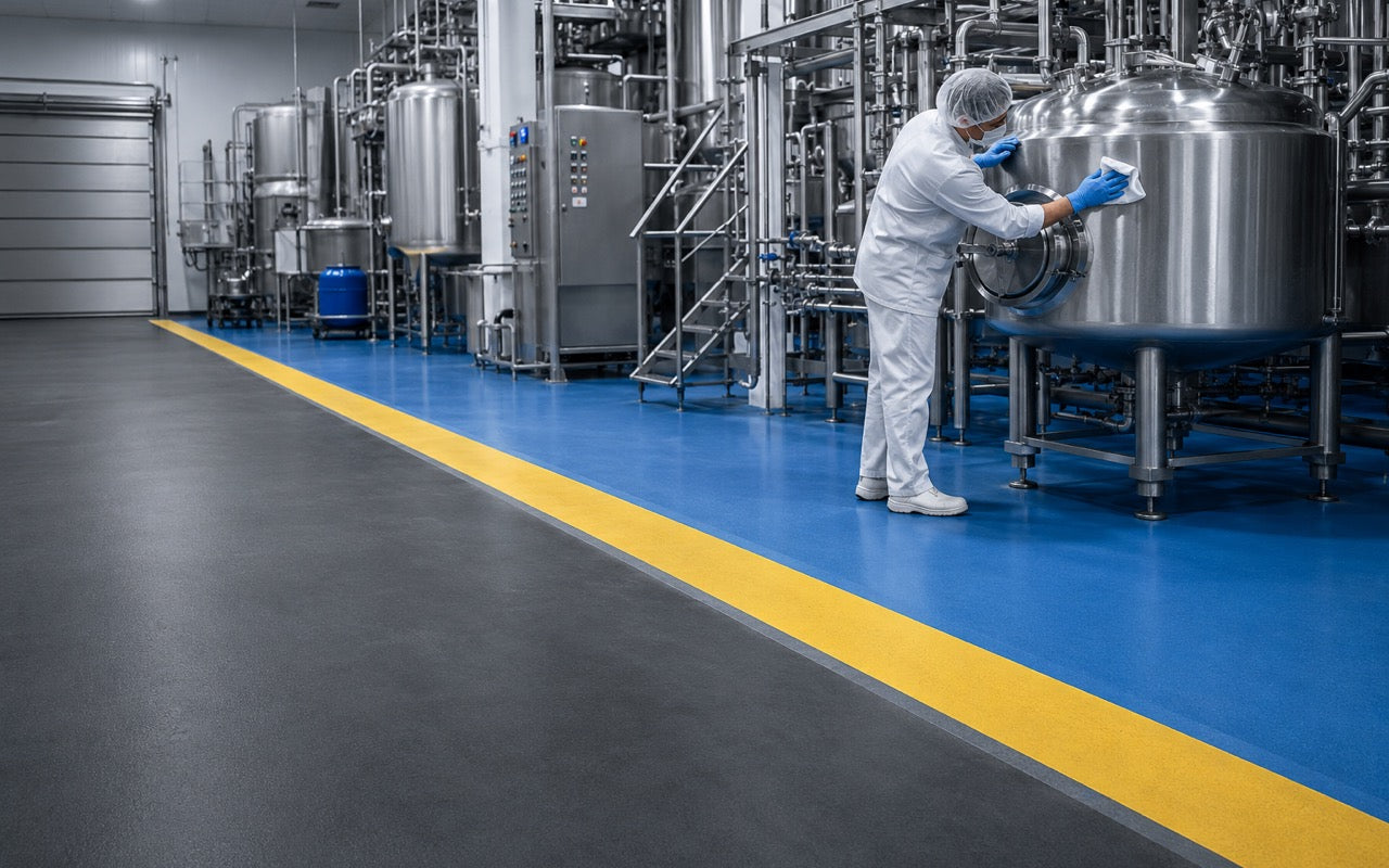 Food processing plant interior with stainless-steel mixing tanks and a worker in white food-grade uniform wiping equipment