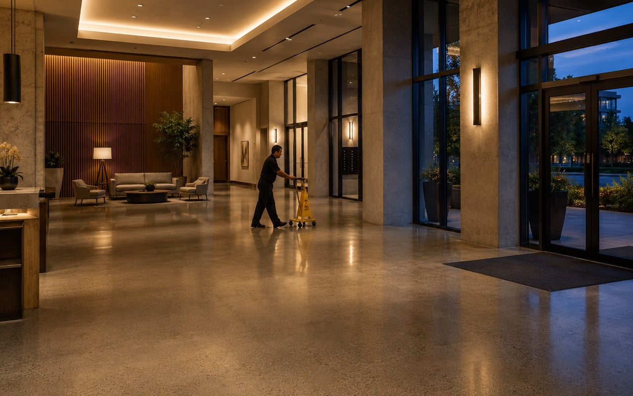 Modern condo lobby at dusk with polished concrete floor and a cleaner with a service cart
