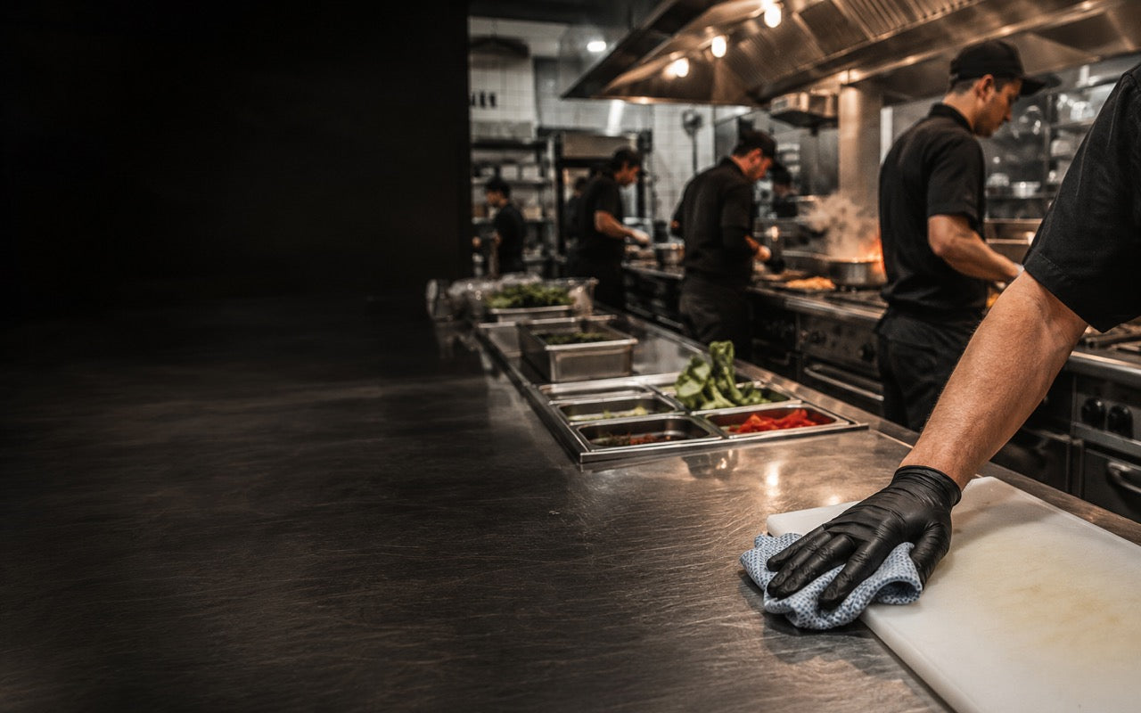 Commercial restaurant kitchen prep counter being wiped down by a gloved cook