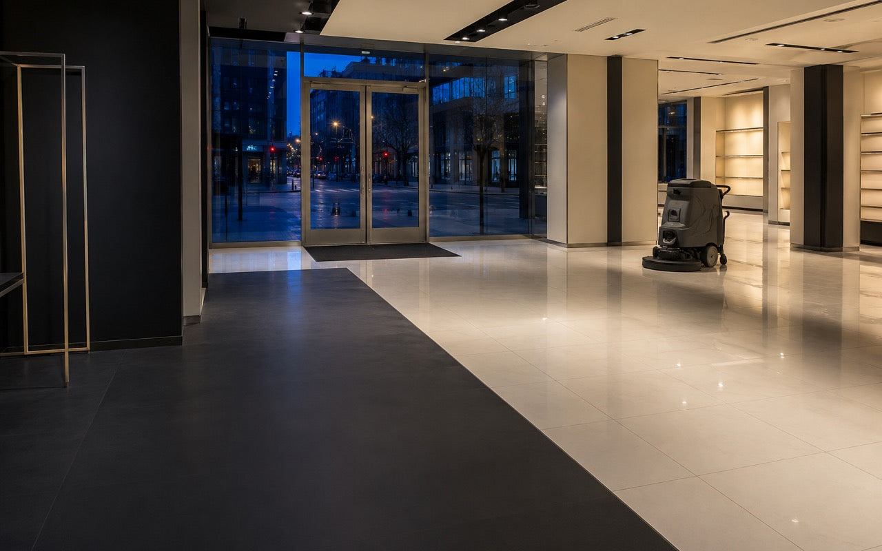Retail store entry at twilight with polished tile floor and a floor scrubber parked near the front doors