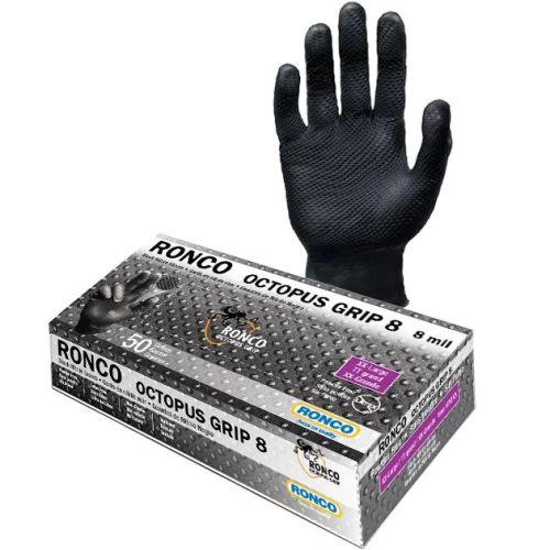 Ronco Octopus Grip Nitrile Gloves, Black 8 mil, Box of 50