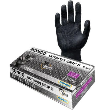 Ronco Octopus Grip Nitrile Gloves, Black 8 mil, Box of 50