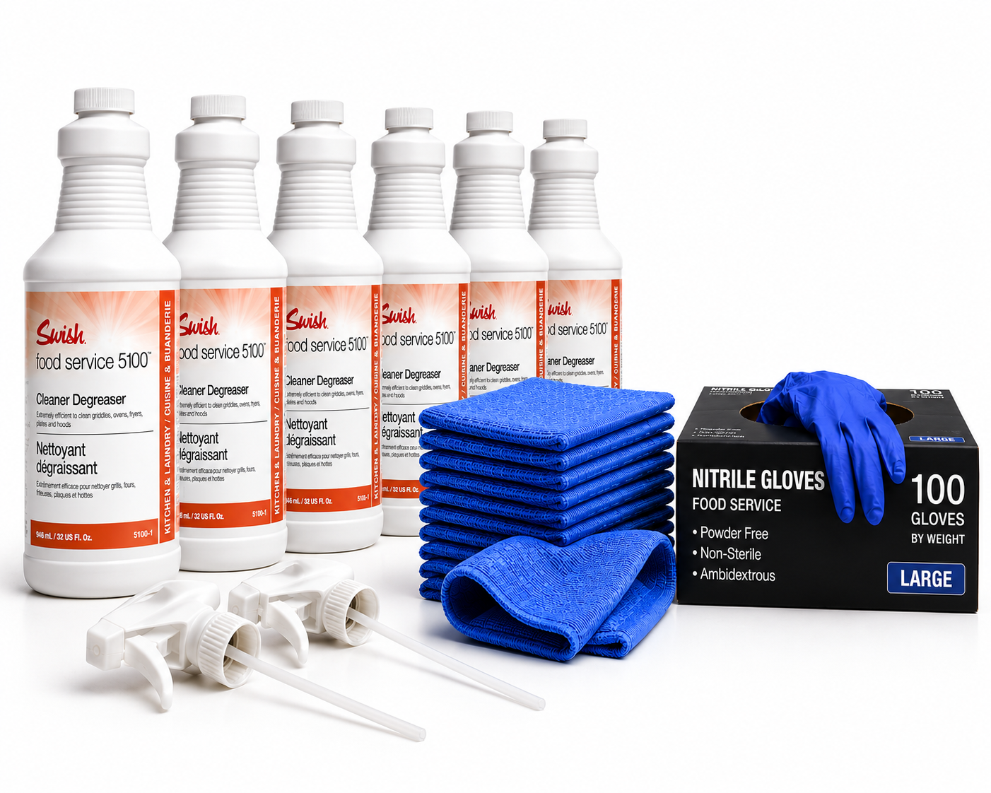 Foodservice Cleaning Kit Bundle — case of 6 Swish 5100 oven cleaner bottles, 2 free white plastic trigger sprayers, stack of blue 14-inch microfiber cloths, and a 100-count box of blue Large nitrile gloves arranged together